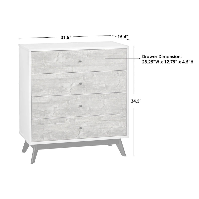 Mid-Century Modern White 4-Drawer Chest with Faux Concrete Fronts