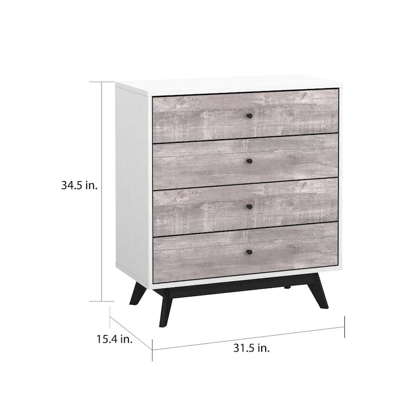 Mid-Century Modern White 4-Drawer Chest with Faux Concrete Fronts