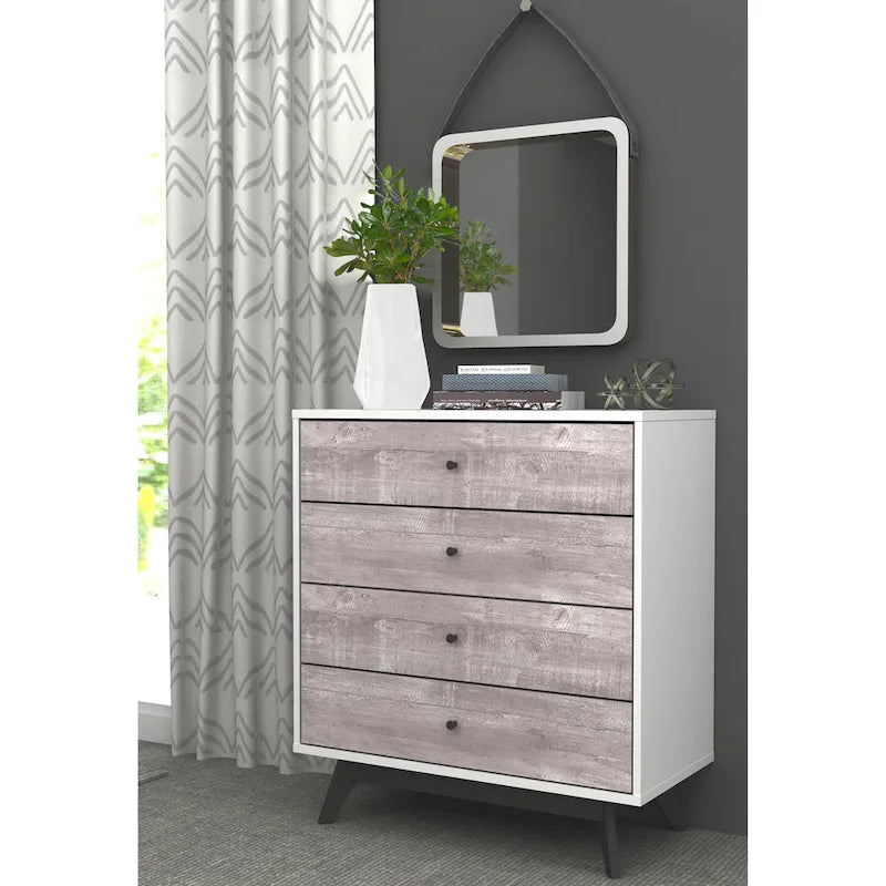 Mid-Century Modern White 4-Drawer Chest with Faux Concrete Fronts