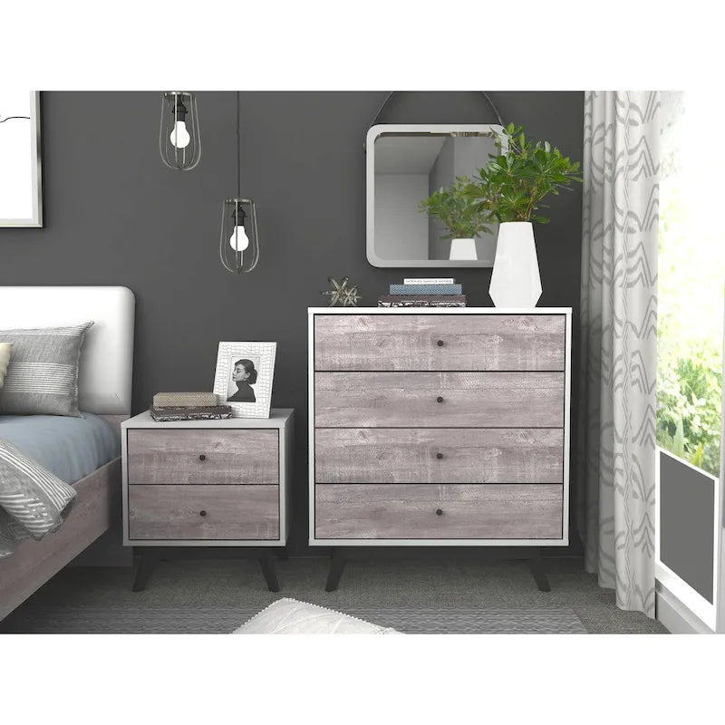 Mid-Century Modern White 4-Drawer Chest with Faux Concrete Fronts