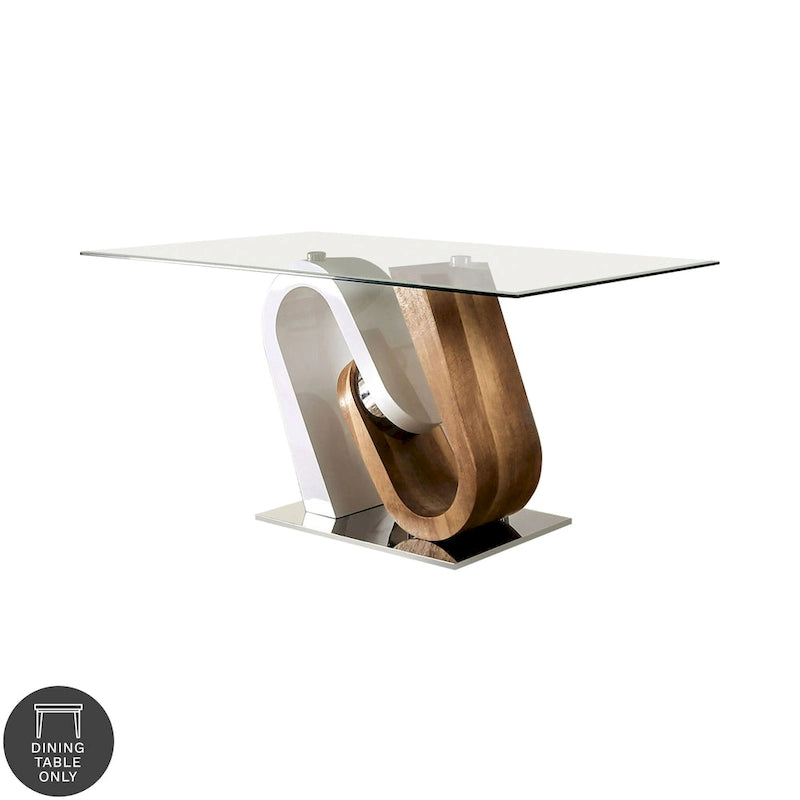 Contemporary White Natural Tone Geometric Pedestal Glass Top Dining Table