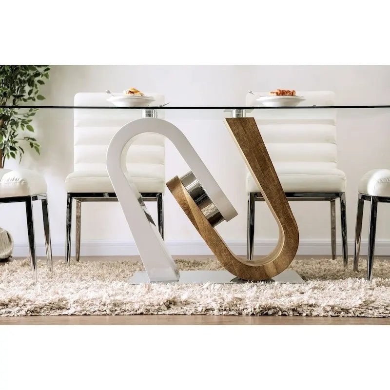 Contemporary White Natural Tone Geometric Pedestal Glass Top Dining Table