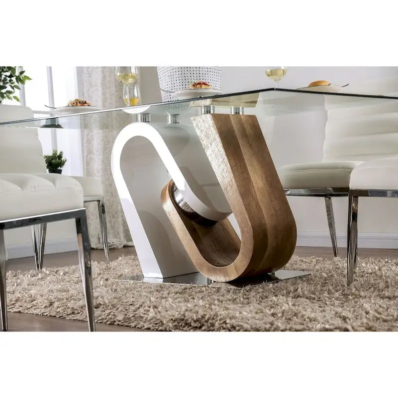 Contemporary White Natural Tone Geometric Pedestal Glass Top Dining Table