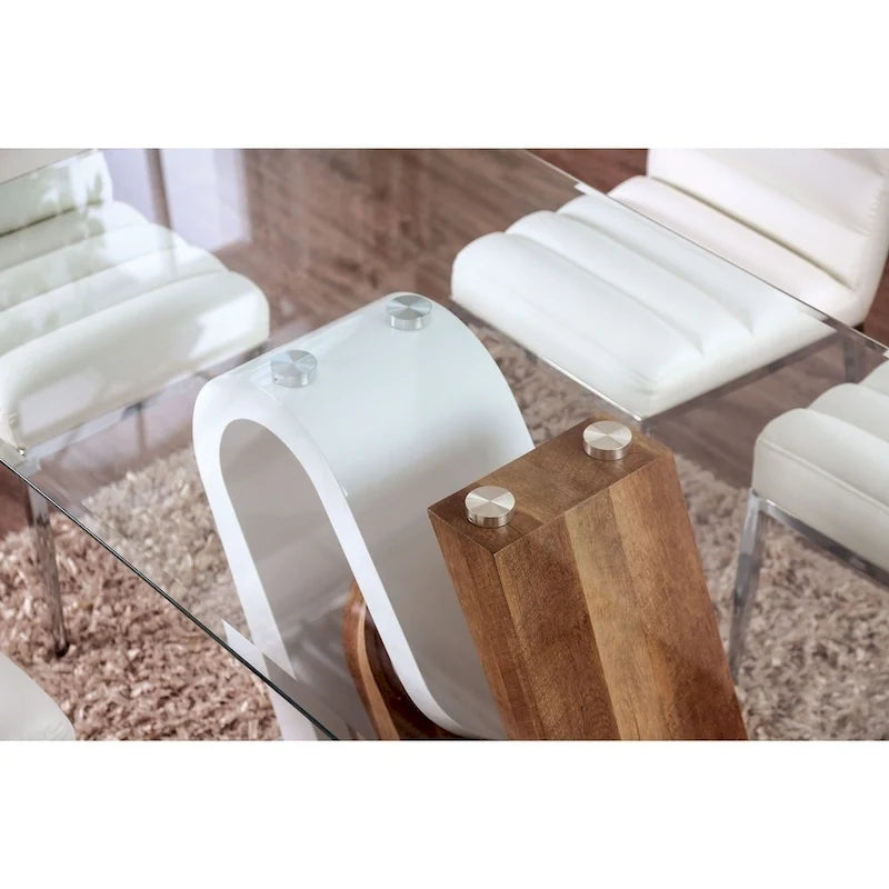 Contemporary White Natural Tone Geometric Pedestal Glass Top Dining Table