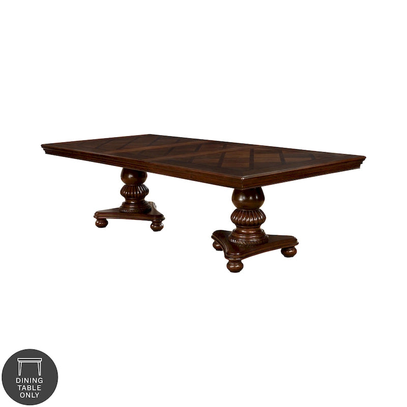 Brown Cherry Double Pedestal Expandable Rubberwood Dining Table with Leaf