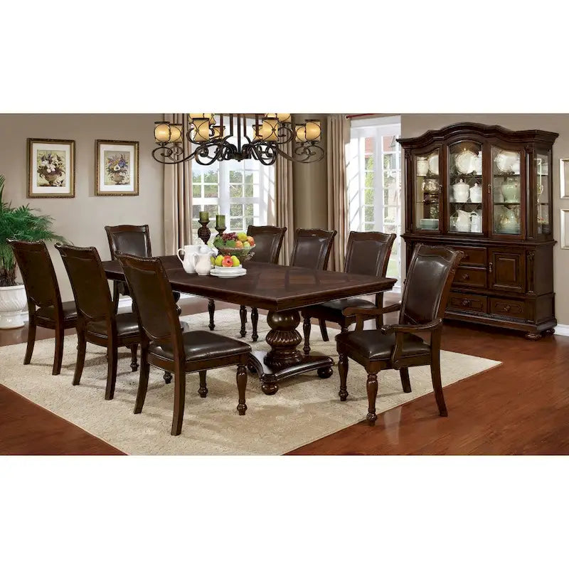 Brown Cherry Double Pedestal Expandable Rubberwood Dining Table with Leaf