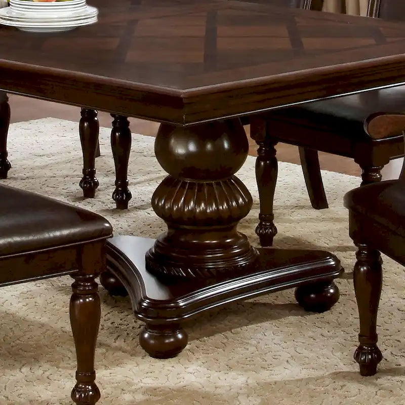 Brown Cherry Double Pedestal Expandable Rubberwood Dining Table with Leaf