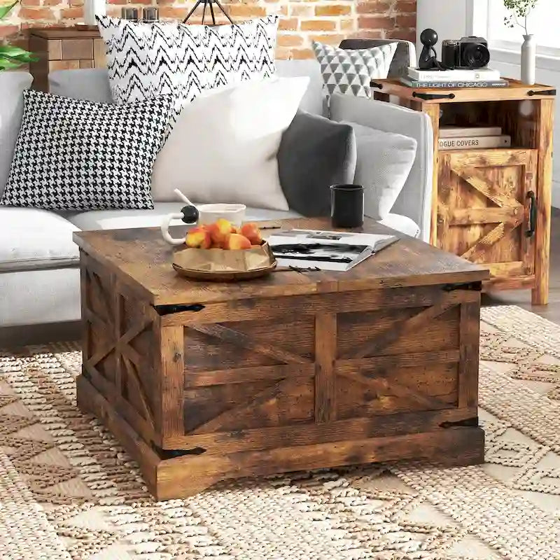 Square Barn Door Wood Grain Coffee Table with Hidden Storage, Brown/White