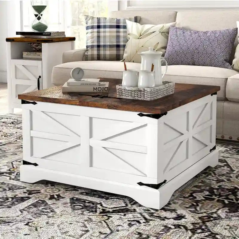 Square Barn Door Wood Grain Coffee Table with Hidden Storage, Brown/White