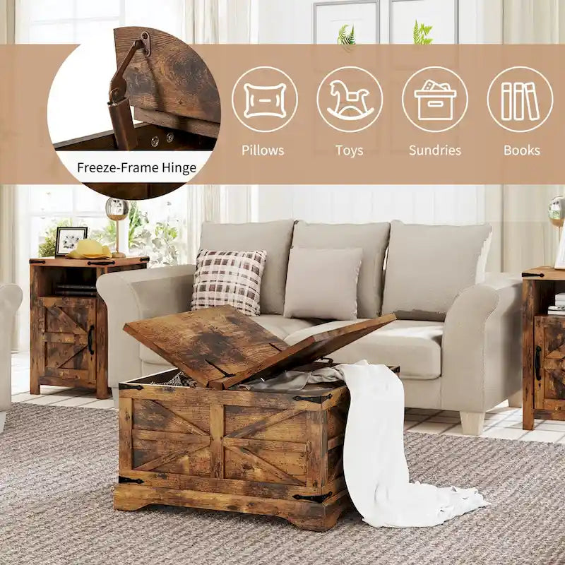 Square Barn Door Wood Grain Coffee Table with Hidden Storage, Brown/White