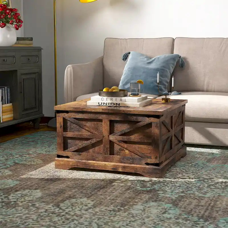 Square Barn Door Wood Grain Coffee Table with Hidden Storage, Brown/White