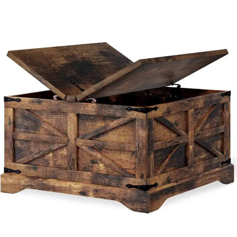Square Barn Door Wood Grain Coffee Table with Hidden Storage, Brown/White