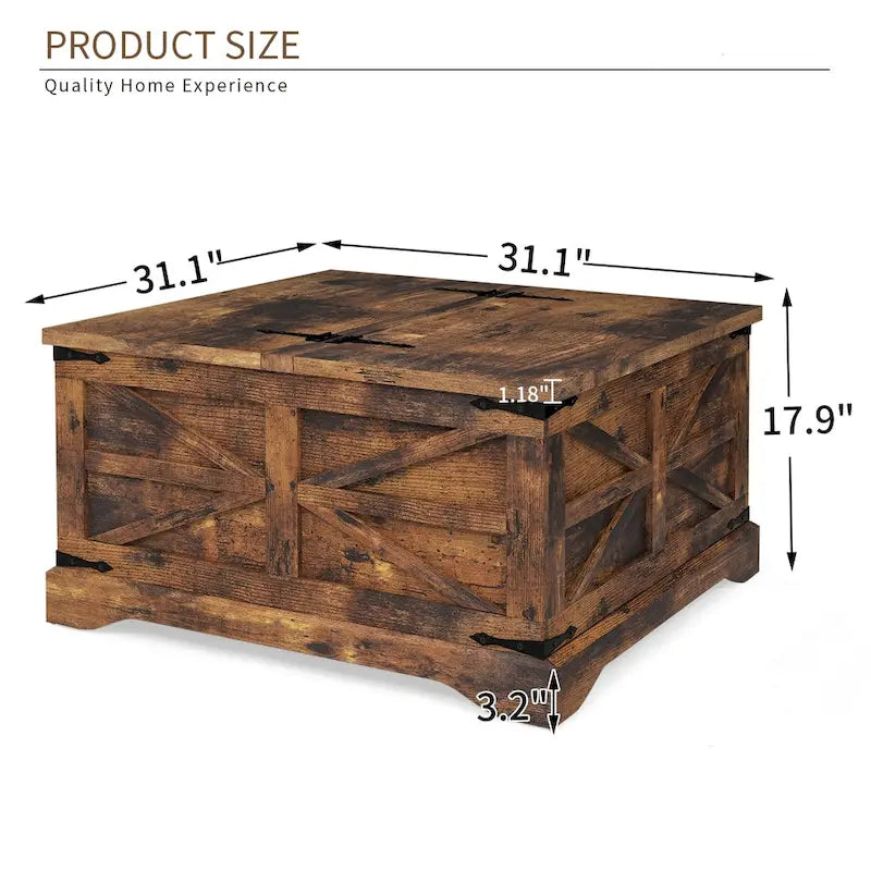Square Barn Door Wood Grain Coffee Table with Hidden Storage, Brown/White