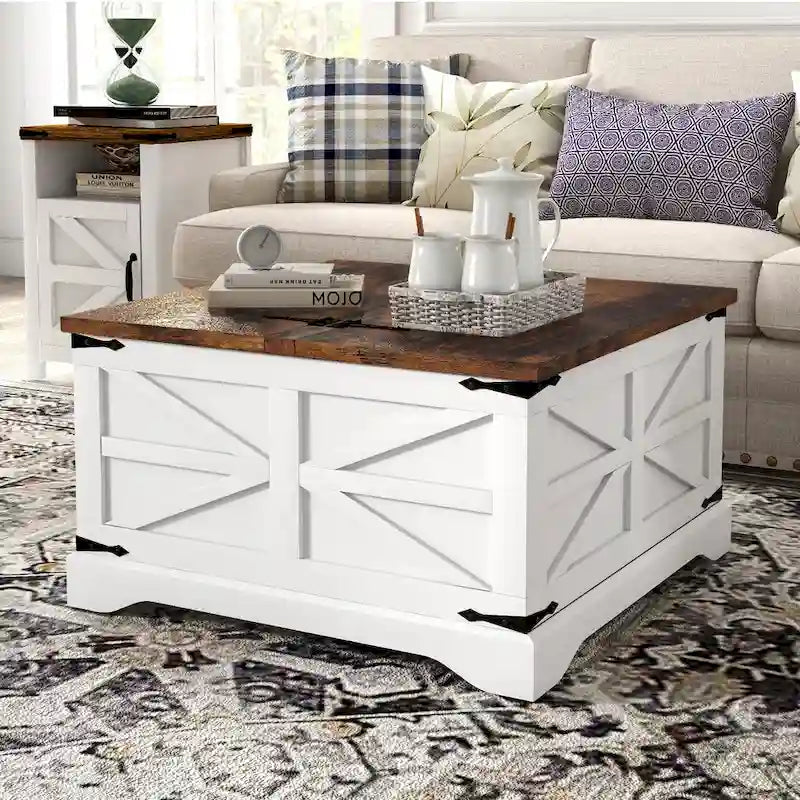 Square Barn Door Wood Grain Coffee Table with Hidden Storage, Brown/White