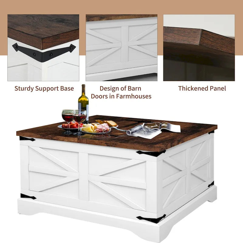 Square Barn Door Wood Grain Coffee Table with Hidden Storage, Brown/White