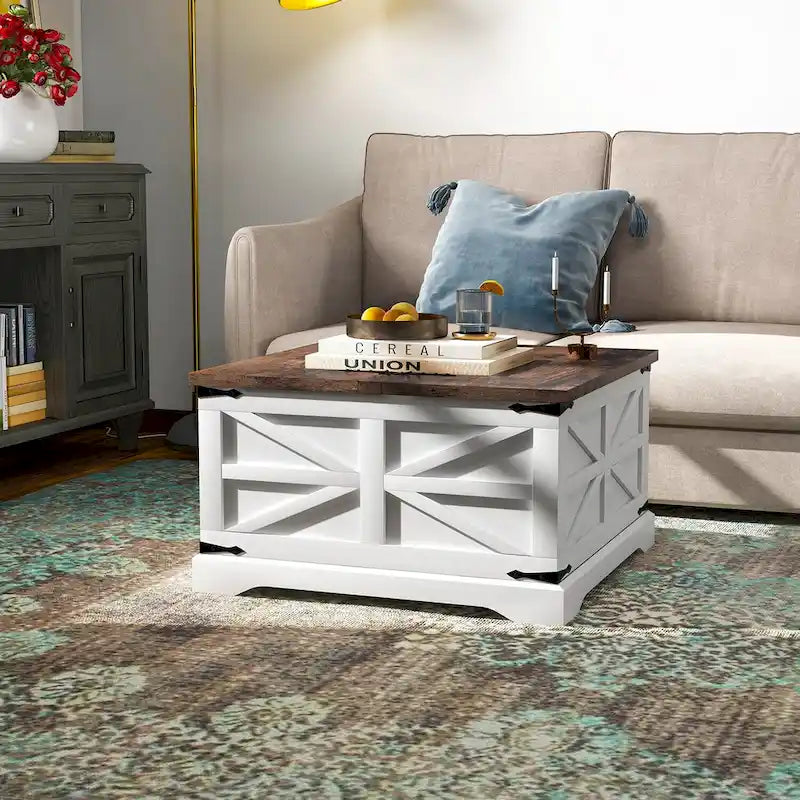 Square Barn Door Wood Grain Coffee Table with Hidden Storage, Brown/White