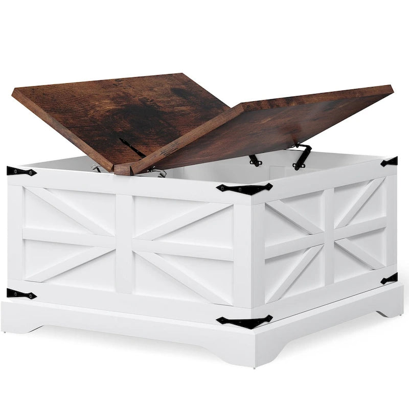 Square Barn Door Wood Grain Coffee Table with Hidden Storage, Brown/White