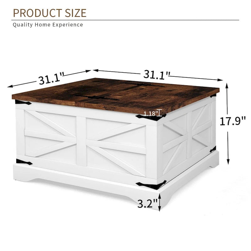 Square Barn Door Wood Grain Coffee Table with Hidden Storage, Brown/White
