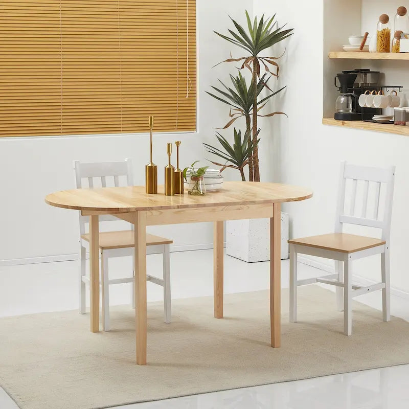 55" Solid Pine Wood Drop Leaf Dining Table with Folding Side Leaves, Natural & Brown