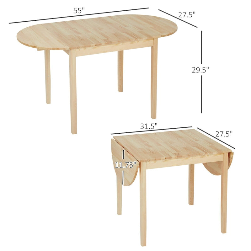 55" Solid Pine Wood Drop Leaf Dining Table with Folding Side Leaves, Natural & Brown