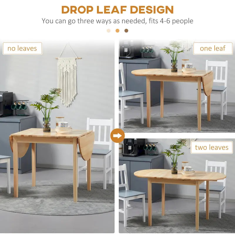 55" Solid Pine Wood Drop Leaf Dining Table with Folding Side Leaves, Natural & Brown