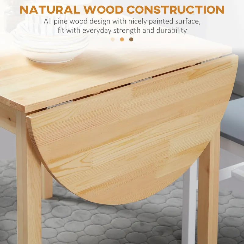 55" Solid Pine Wood Drop Leaf Dining Table with Folding Side Leaves, Natural & Brown