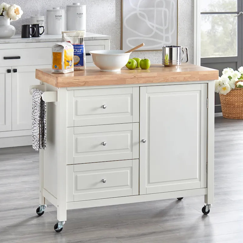 Natural Rubberwood Rolling Kitchen Island Cart with Drawers White Espresso