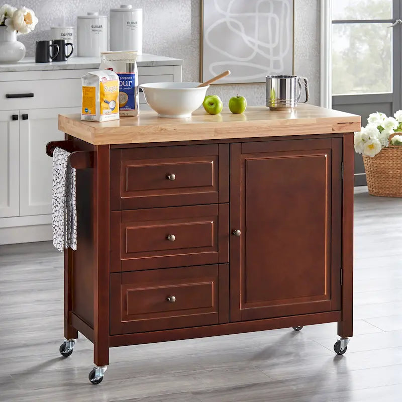 Natural Rubberwood Rolling Kitchen Island Cart with Drawers White Espresso
