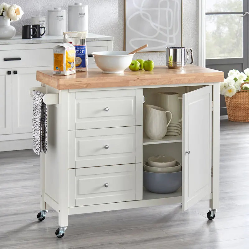 Natural Rubberwood Rolling Kitchen Island Cart with Drawers White Espresso