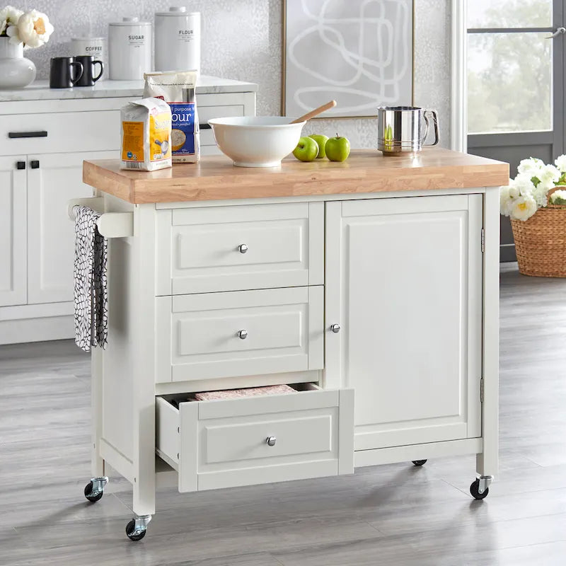 Natural Rubberwood Rolling Kitchen Island Cart with Drawers White Espresso