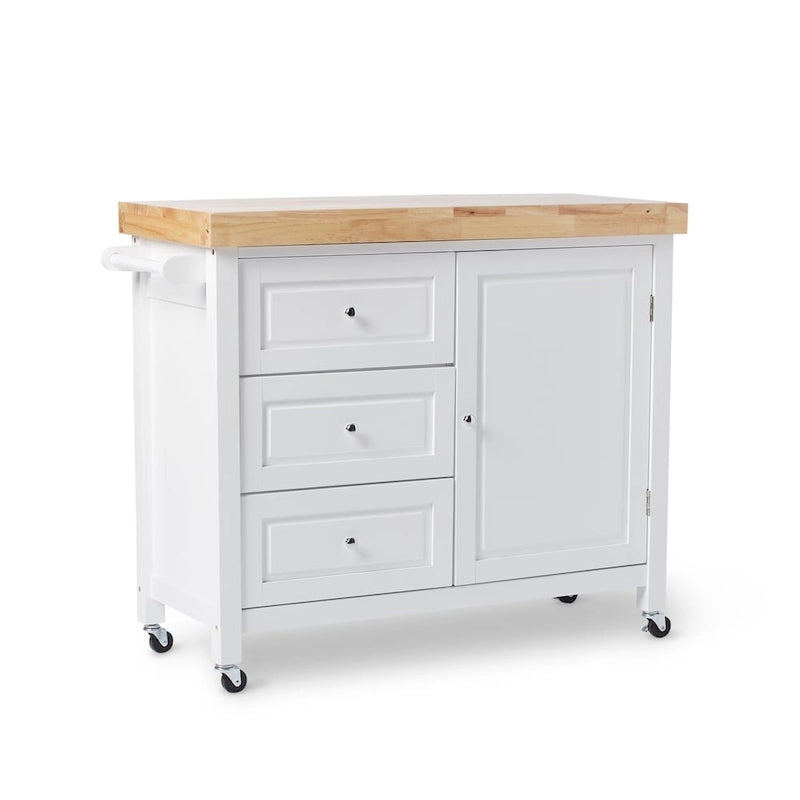Natural Rubberwood Rolling Kitchen Island Cart with Drawers White Espresso