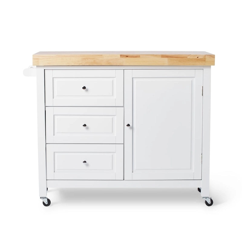 Natural Rubberwood Rolling Kitchen Island Cart with Drawers White Espresso