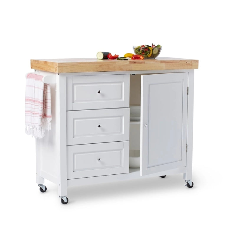 Natural Rubberwood Rolling Kitchen Island Cart with Drawers White Espresso