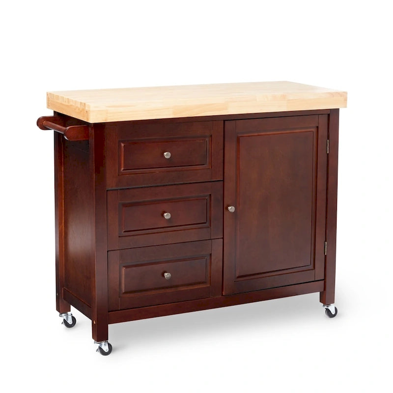 Natural Rubberwood Rolling Kitchen Island Cart with Drawers White Espresso
