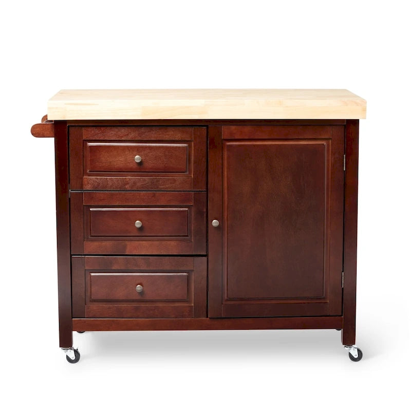 Natural Rubberwood Rolling Kitchen Island Cart with Drawers White Espresso