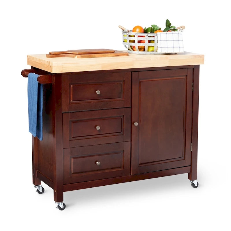 Natural Rubberwood Rolling Kitchen Island Cart with Drawers White Espresso