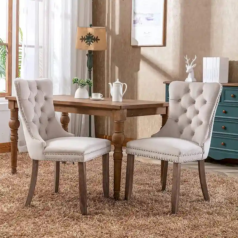 Dining Chairs Set of 2, Upholstered Accent Chair Button Tufted Armless Chair with Back Ring Pull and Nailhead Trim