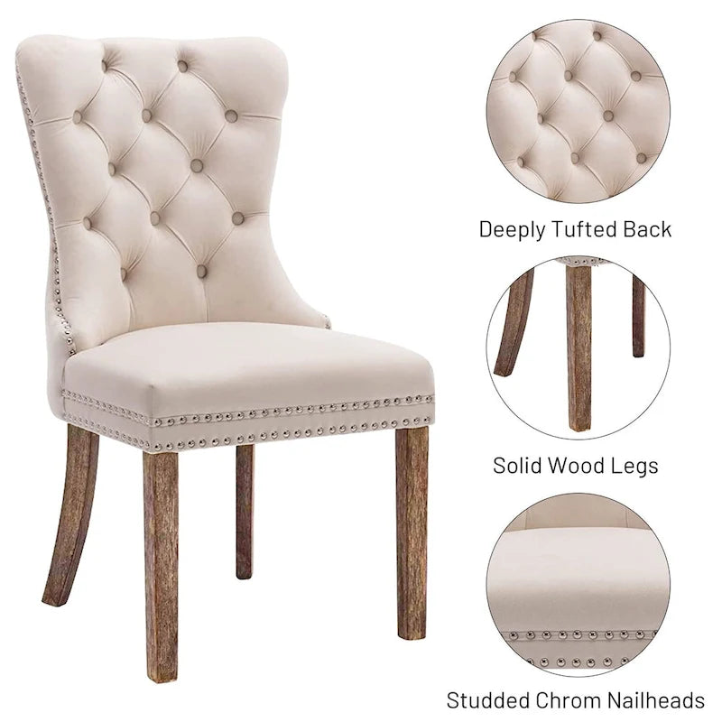 Dining Chairs Set of 2, Upholstered Accent Chair Button Tufted Armless Chair with Back Ring Pull and Nailhead Trim