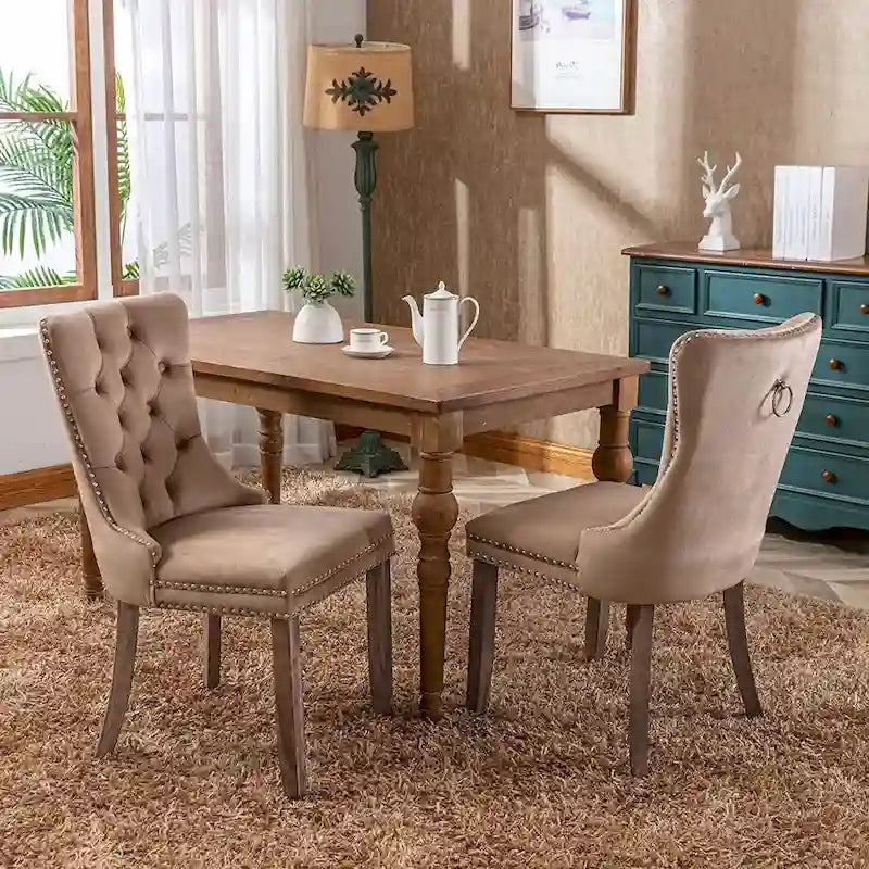 Dining Chairs Set of 2, Upholstered Accent Chair Button Tufted Armless Chair with Back Ring Pull and Nailhead Trim