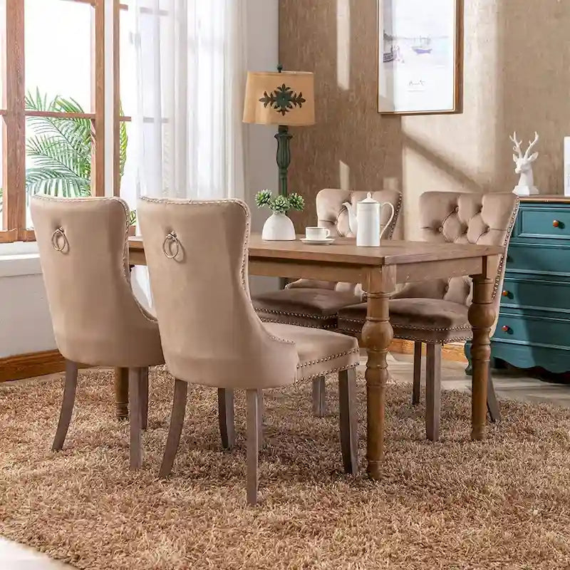 Dining Chairs Set of 2, Upholstered Accent Chair Button Tufted Armless Chair with Back Ring Pull and Nailhead Trim