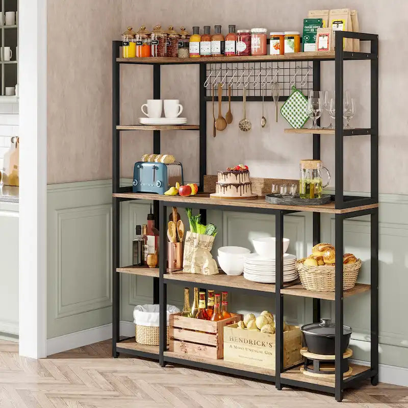55 Wide Kitchen Hutch Cabinet Microwave Stand with 11 Hooks
