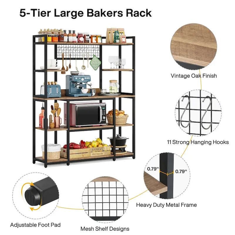 55 Wide Kitchen Hutch Cabinet Microwave Stand with 11 Hooks