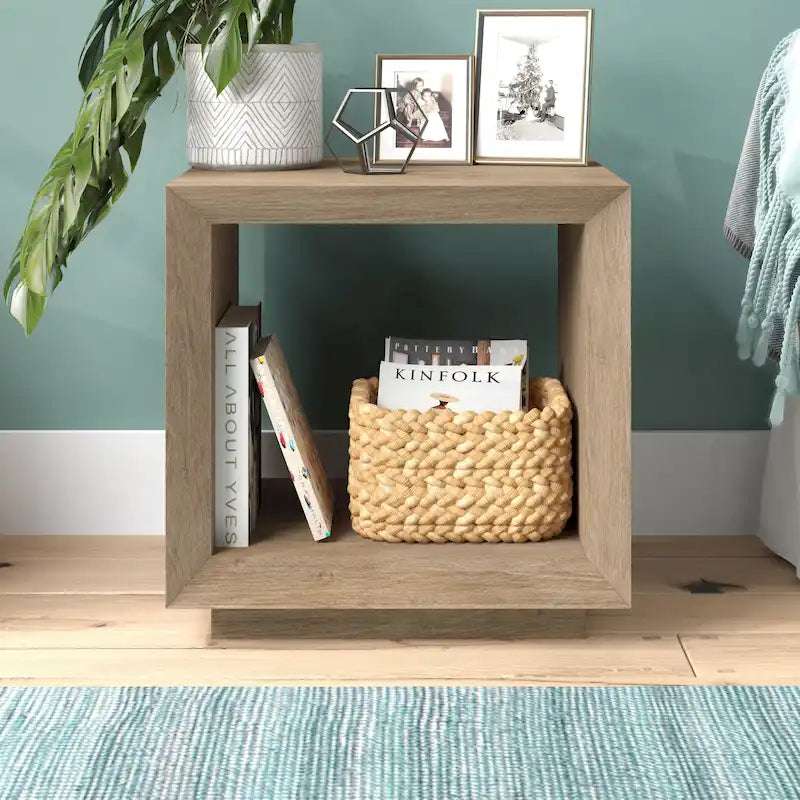 Modern Open Cube Side Table with Lower Shelf Wood-Look Finish