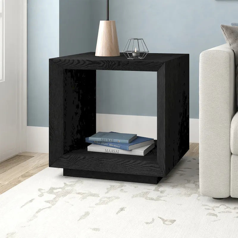 Modern Open Cube Side Table with Lower Shelf Wood-Look Finish