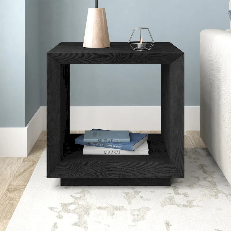 Modern Open Cube Side Table with Lower Shelf Wood-Look Finish