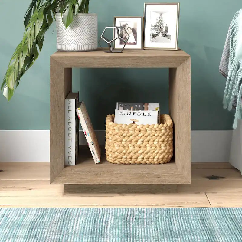Modern Open Cube Side Table with Lower Shelf Wood-Look Finish