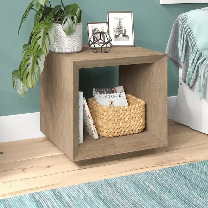 Modern Open Cube Side Table with Lower Shelf Wood-Look Finish