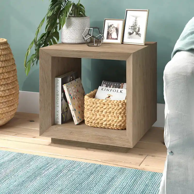 Modern Open Cube Side Table with Lower Shelf Wood-Look Finish