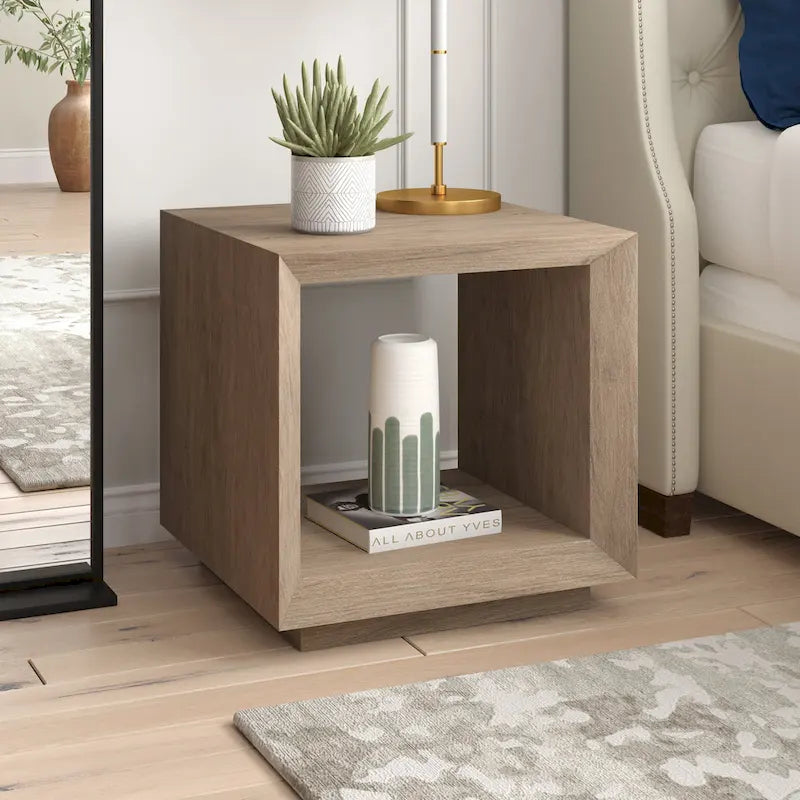 Modern Open Cube Side Table with Lower Shelf Wood-Look Finish