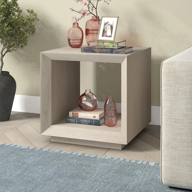 Modern Open Cube Side Table with Lower Shelf Wood-Look Finish